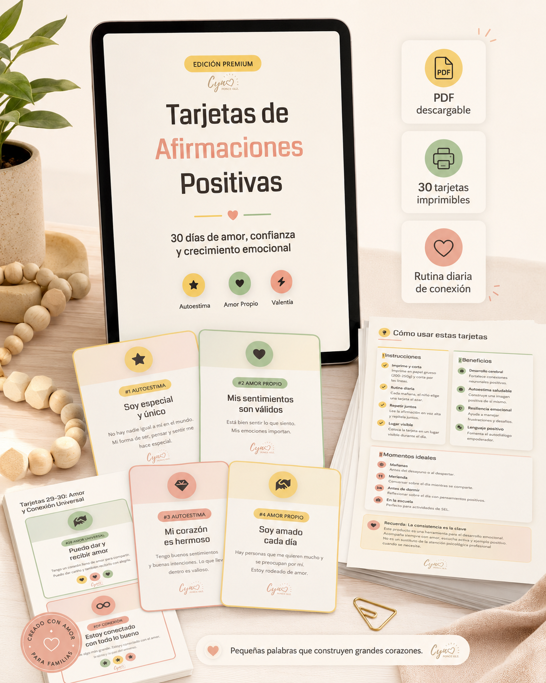 Mockup de las 30 Tarjetas de Afirmaciones Positivas imprimibles